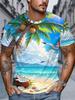 [Printed Design – Not Textured] Men's Digital Print T-shirt Featuring a Vibrant Tropical Beach Design with Coconut Trees, Seagulls, and Ocean Scenes.
