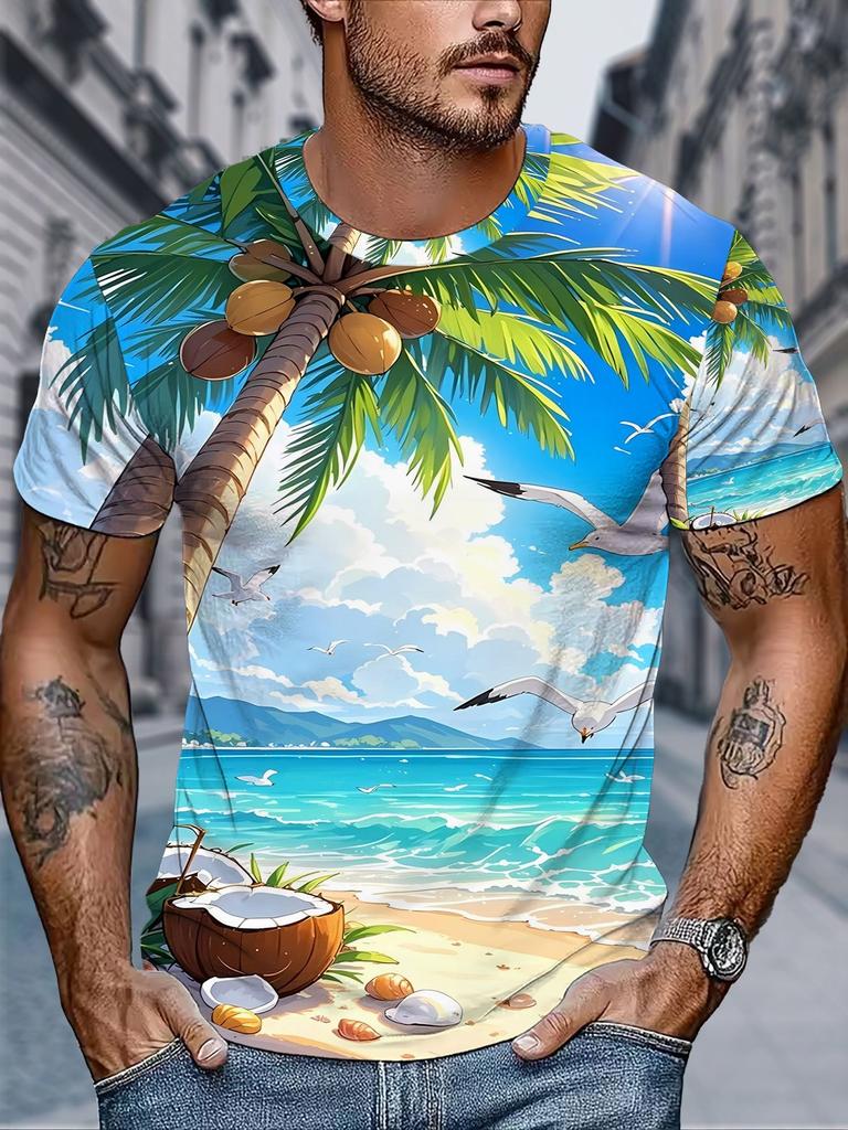 [Printed Design – Not Textured] Men's Digital Print T-shirt Featuring a Vibrant Tropical Beach Design with Coconut Trees, Seagulls, and Ocean Scenes.