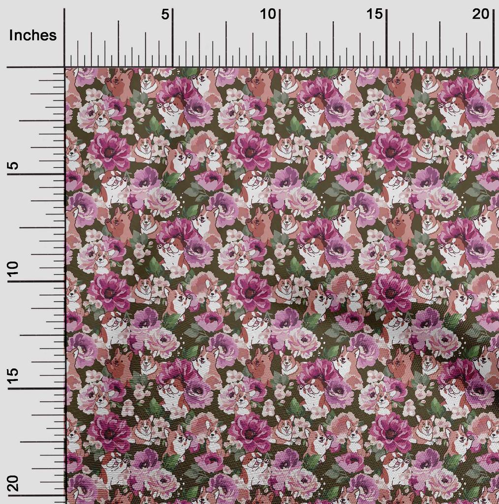 oneOone Ткань Cotton Flex Black с цветочным принтом и щенками, ткань для платья, ярд, 40 дюймов