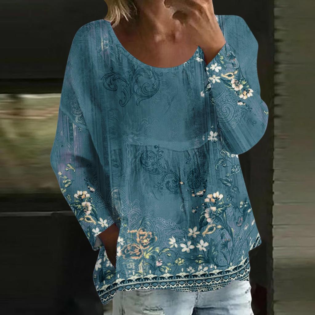 Women's Casual Fashion Loose Round Neck Retro Print Long Sleeve Top