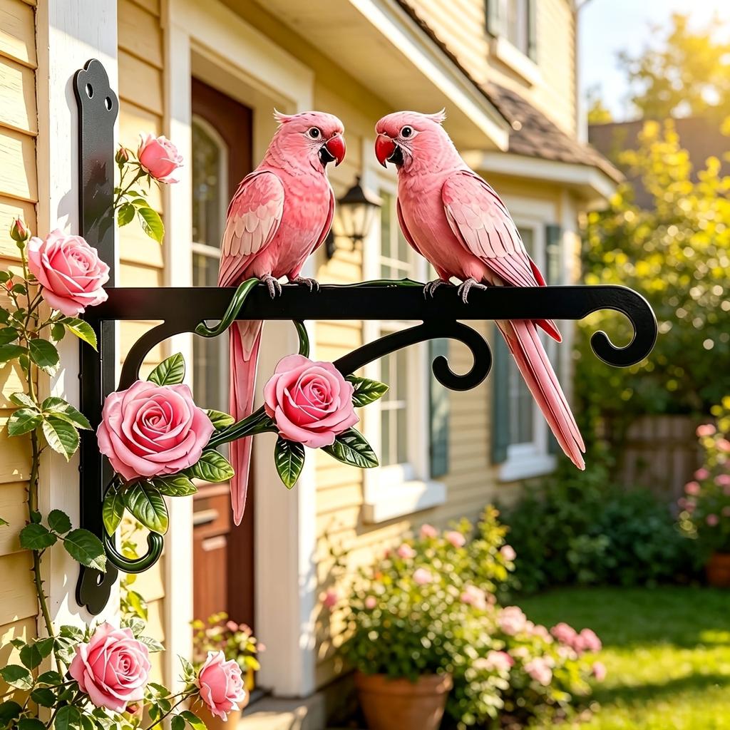 1Pc Metal Pink Wall Outdoor Hanger With Two Parrot Theme Design, Brightly Colored, Rust-Proof And Sun-Resistant, Comes With Mounting Screws, Very
