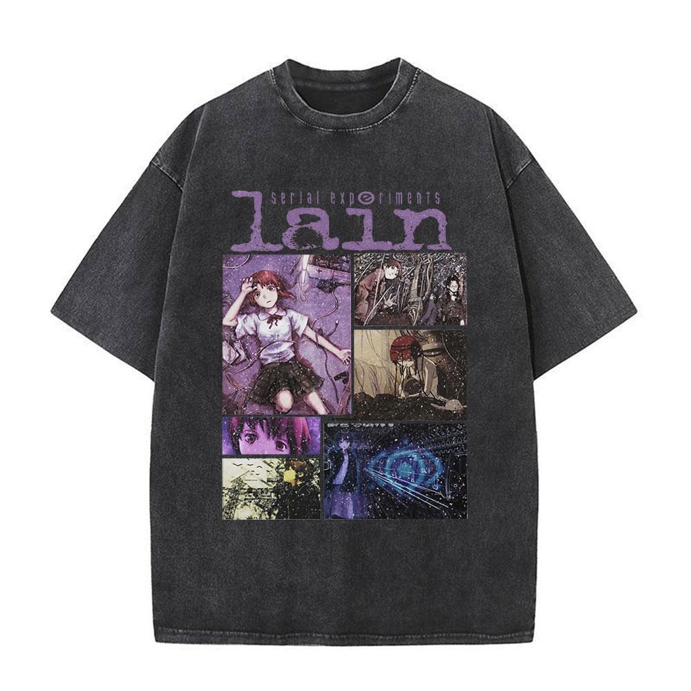 Serial Experiments Lain Anime Vintage Washed T-Shirt Manga Iwakura Girl Sci Fi Short Sleeve T-shirts 100% Cotton Casual T Shirt