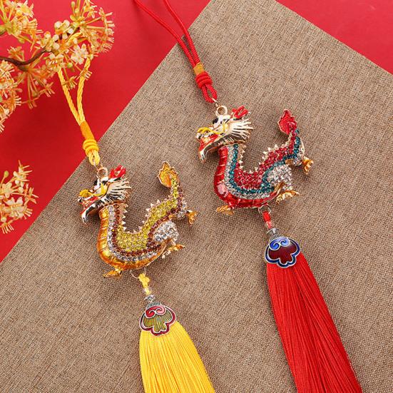 Фигурка китайского дракона, орнамент с красной кисточкой, стразы, инкрустация, цинковый сплав, модель зодиакального дракона, ремесленный орнамент, новогодняя модель животного, подвесная