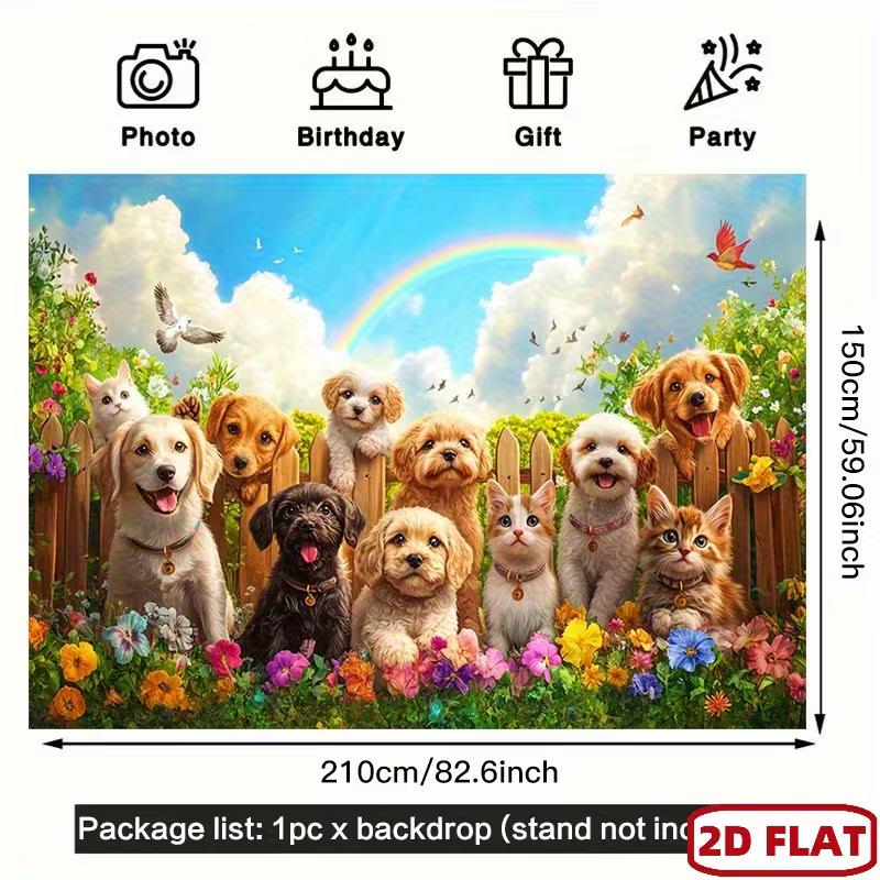 2D Adorable Dogs and Cats Party Tapestry Colorful Garden with Blooms and Rainbow Art Print