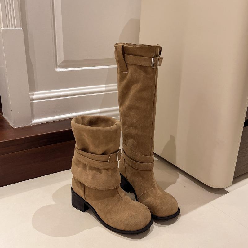 Весна и осень, хит продаж, женские сапоги, модные, с круглым носком, однотонные, на среднем каблуке, с пряжкой на рукаве, женские высокие сапоги