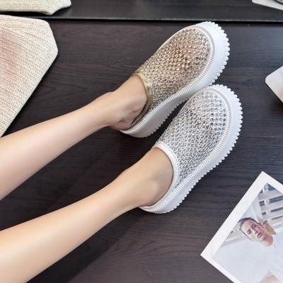 Модные новые летние туфли-балетки с открытым носком, женские модные туфли с круглым носком, с мелким вырезом, со стразами, сетчатые, дышащие, на платформе, сандалии и шлепанцы