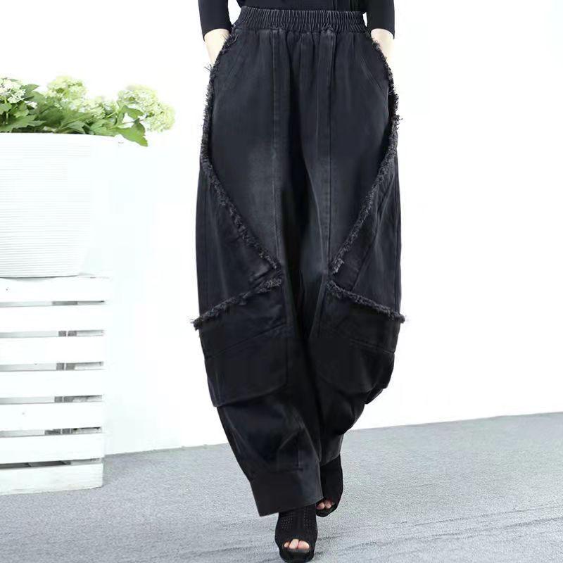 Черные Широкие Джинсы Брюки Харлан Свободные Модные Повседневные Полной Длины Высокая Талия Пэчворк Принт Карманы Джинсы Женская Одежда Весна
