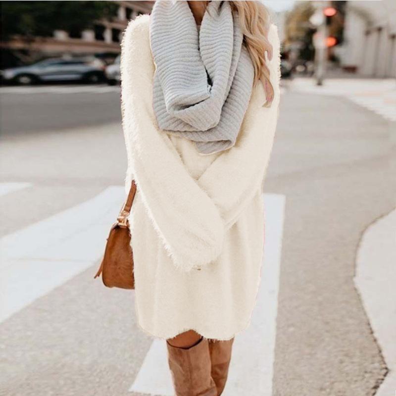 Женское осенне-зимнее модное повседневное платье-свитер, мягкое и удобное, с длинным рукавом, однотонные платья, однотонное шикарное свободное платье-свитер, пушистый свитер