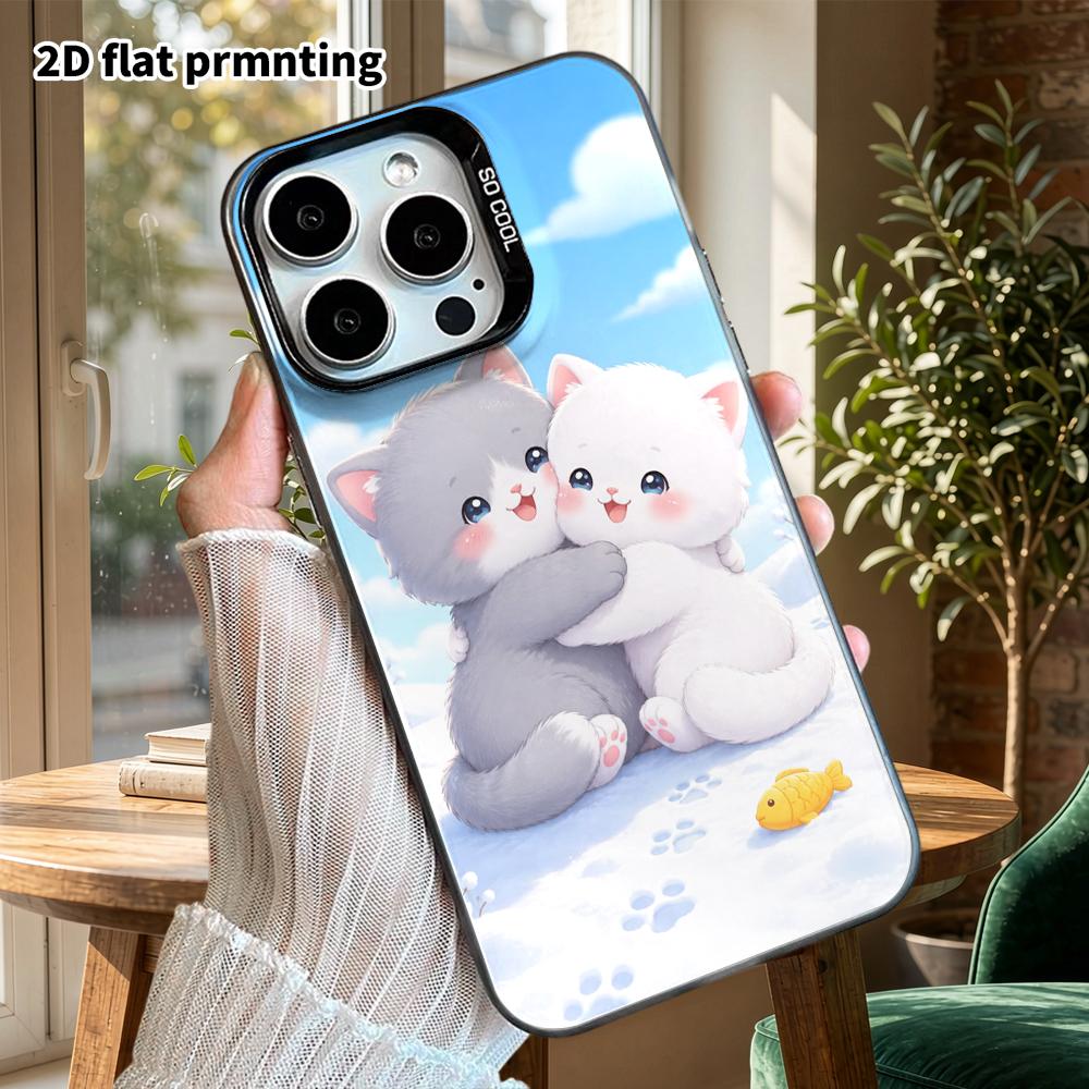 Phone Case: 2D flat design, suitable for iPhone 18 17 16 15 14 13Pro in rainbow silver, couple style, gray cat and white cat, Christmas and Halloween