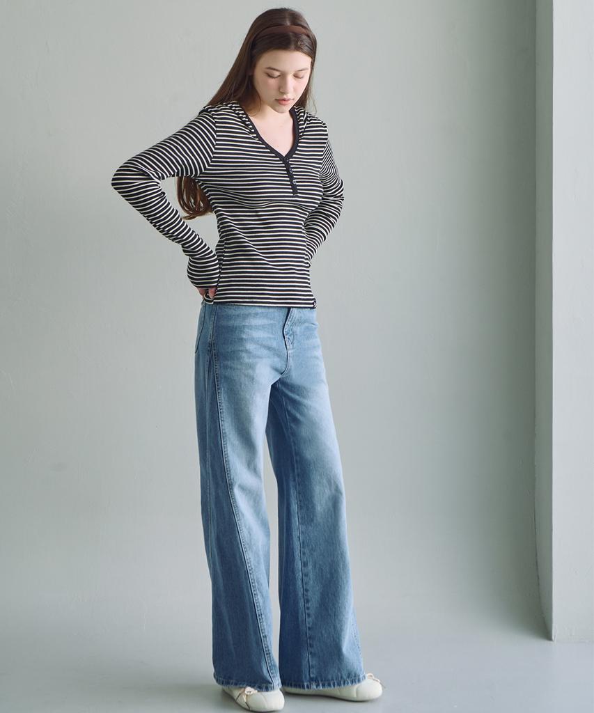 SLOWLOLLI Striped Button Hoodie Slim T-Shirt_2 Colors