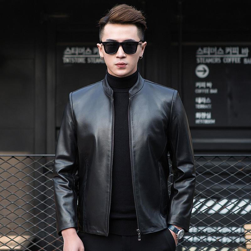 Кожаная куртка мужская из натуральной кожи овчина воротник стойка деловой повседневный весна и осень тонкая одинарная оригинальная кожаная куртка