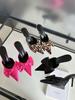 Fashion Pointed Toe Women Slides Slippers Bow Design Thin High Heels Black Rose Leopard Sexy Sandals Mules Shoes Slip On Party Pumps 39