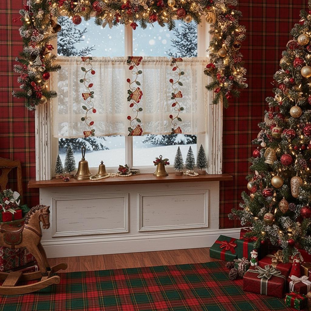 American Christmas Curtains Bell Embroidery Lace Living Room Kitchen Rectangle Landscaping Decorative Coffee Curtain