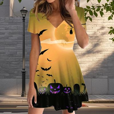 Летняя мода женские V-образный вырез короткий рукав тыква принт платье сексуальные короткие юбки платья