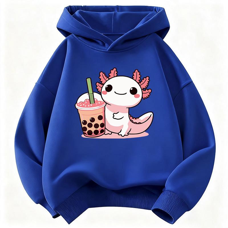 Soft Children Hoodie, Cute Axolotl Drinking Bubble Tea Cartoon Print Pullover Sweatshirt, Autumn Winter Long Sleeve Top For Kids Daily Casual Wear
