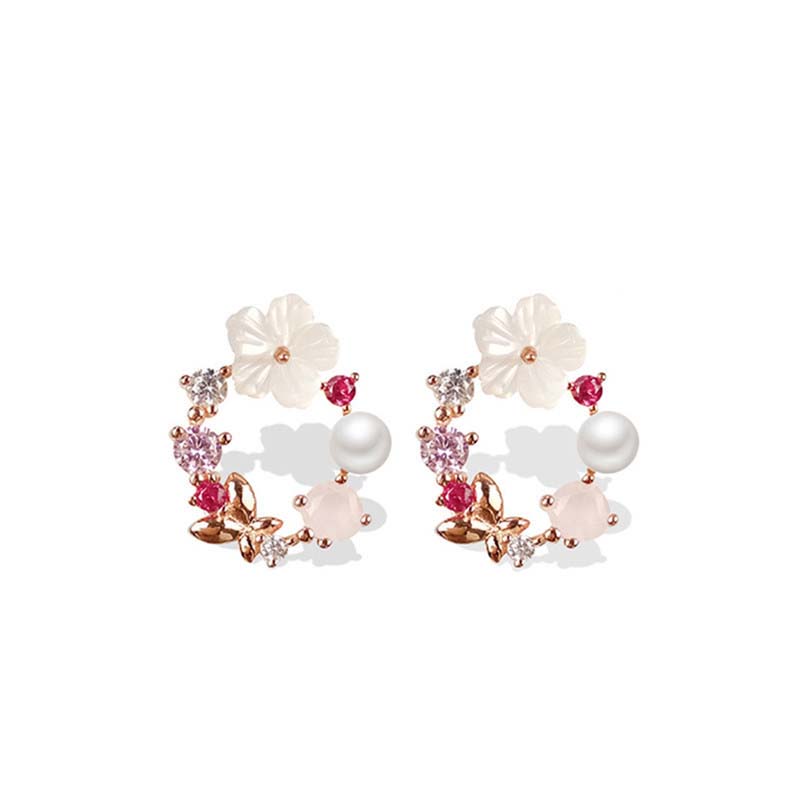 Pink Crystal Flower Pearl Butterfly Stud Hoop Earrings for Women Summer Luxury Jewelry Gift