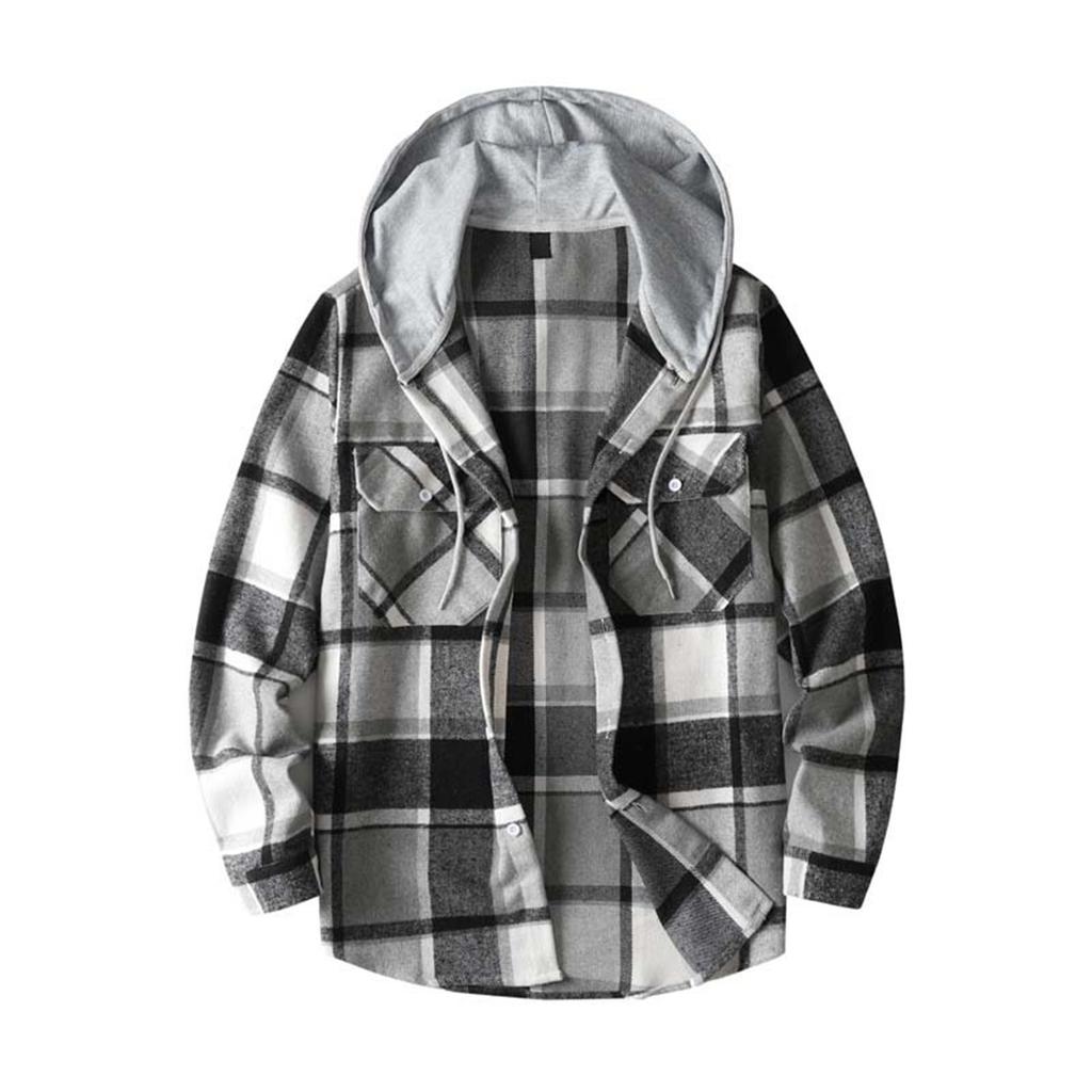 Men's Striped Plaid Casual Loose Button Lapel Long Sleeve Hooded Cardigan Shirt Jacket