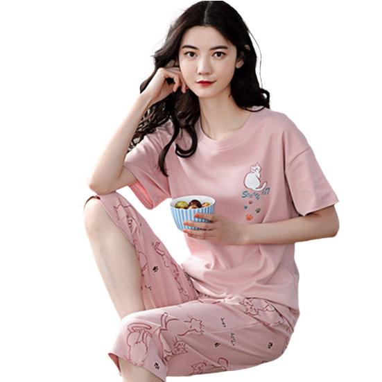 Домашняя одежда для сна с круглым вырезом, дышащая летняя футболка для сна с мультяшным принтом для девочек, комплект укороченных брюк, повседневная одежда