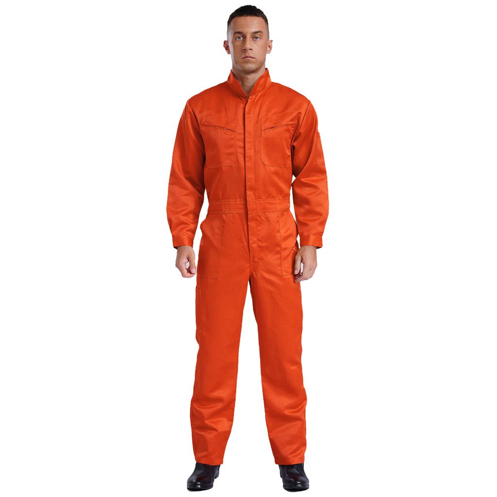Mens Pure Cotton Jumpsuit Stand Collar Design Long Sleeve Front Zip Overalls Work Uniform Coveralls