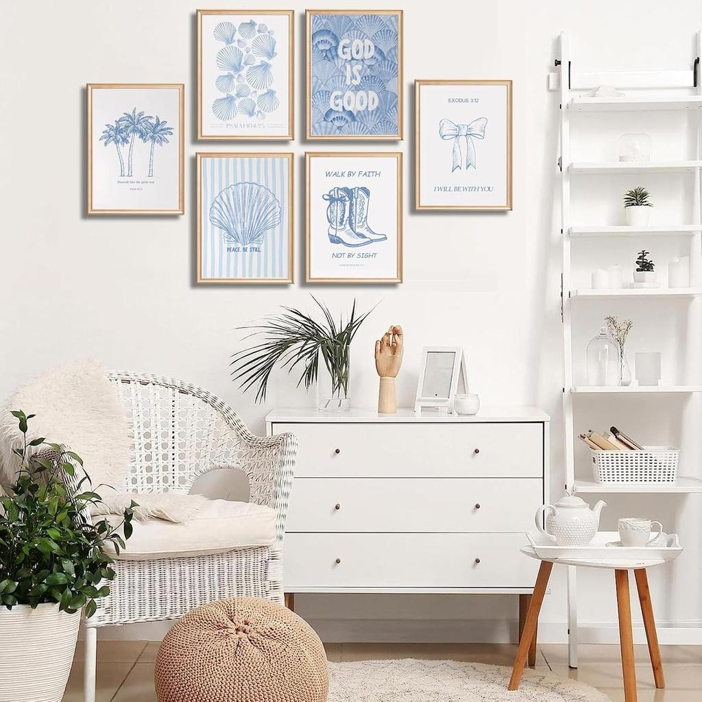 6 Pcs Coastal Christian Wall Art Blue Seashell Scripture Quote Wall Decor Pictures Coastal Granddaughter Preppy Religion Aesthetics Posters Prints