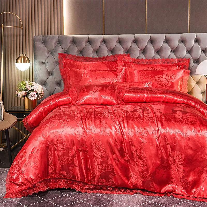 Роскошные европейские жаккардовые комплекты постельного белья с кружевными краями, пододеяльник, сплошной цвет, простыня, свадебное красное постельное белье, домашний текстиль, комплект из четырех предметов