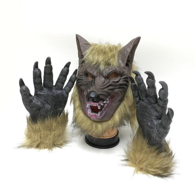 Creepy Wolf Costume Halloween Cosplay Wolf Mask Werewolf Claws Set Gloves Terror Devil Fancy Headdress Prank Props Wolf Headgear