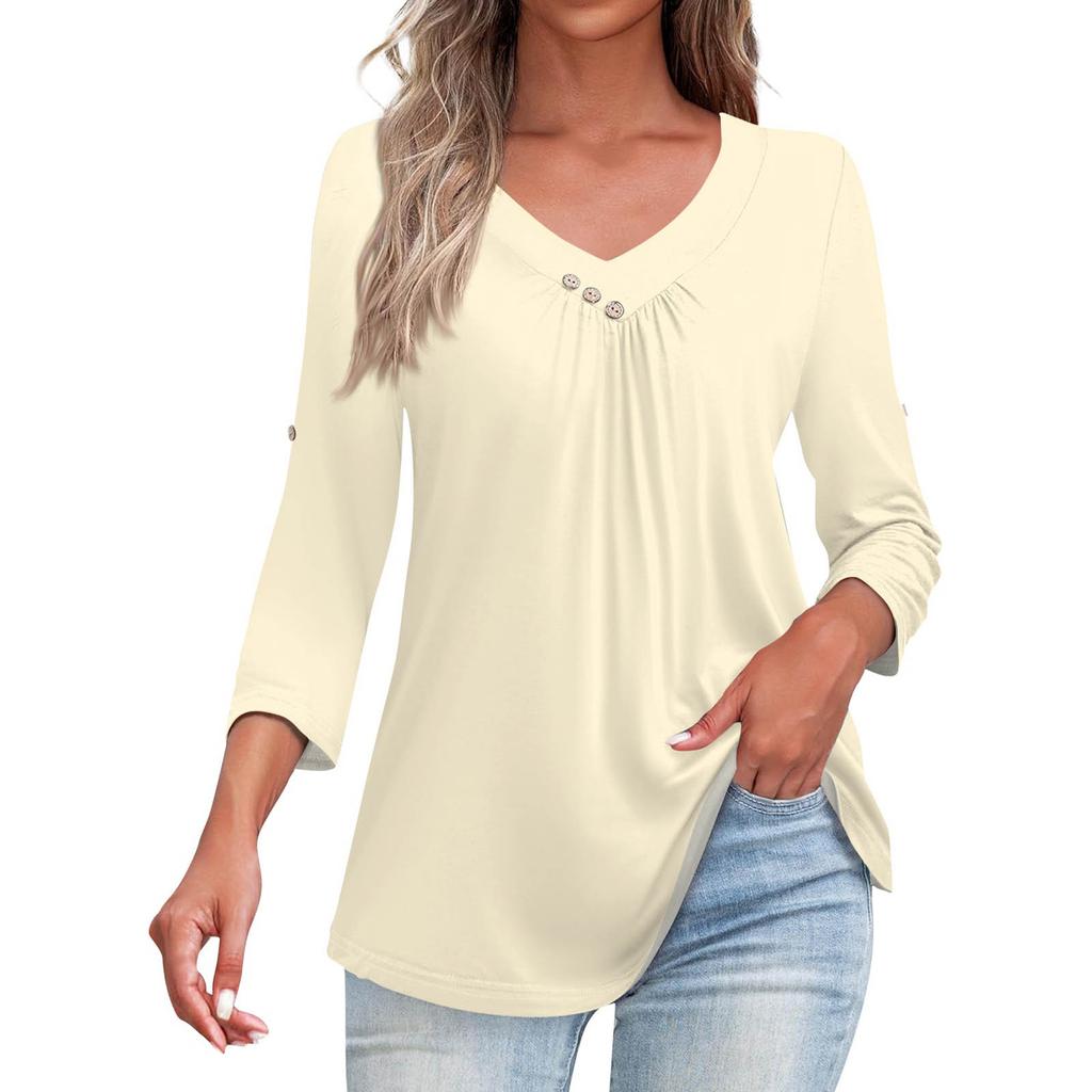 Shirts For Women Trendy V Neck Button T Shirts Casual Solid Color Summer Tees T Shirt Blouse Three Quarter Sleeve Tops For Women