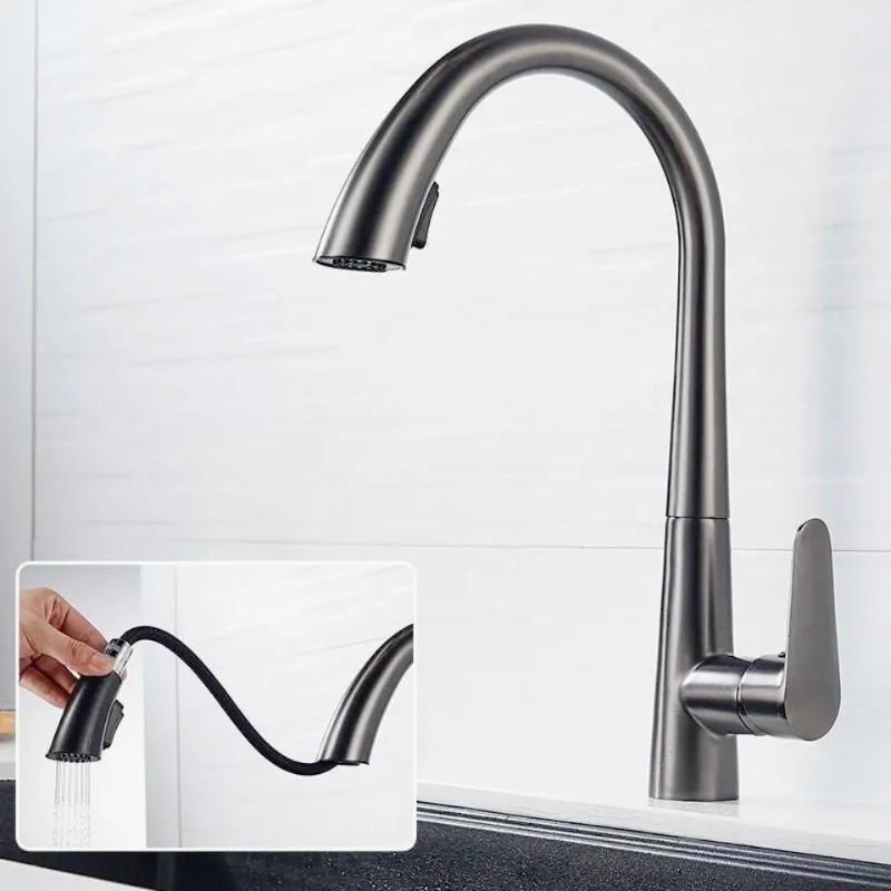 Смеситель для кухонной мойки пистолет серый скрытый выдвижной кран для горячей и холодной воды из латуни, нержавеющая сталь