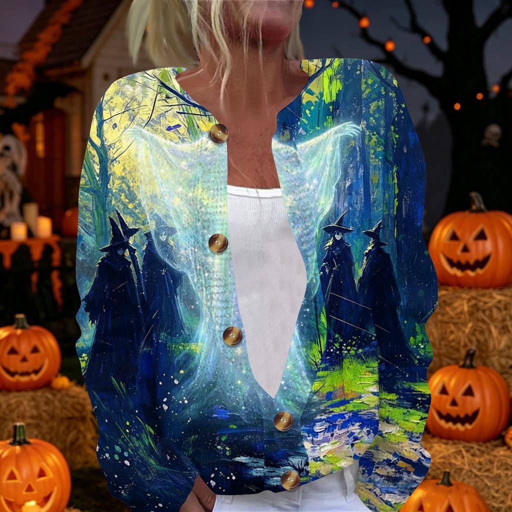 Women's Halloween Long Sleeve Knit Cardigan Button Up Sweater Skeleton and Pumpkin Musical Print Lightweight Outerwear for Fall and Winter