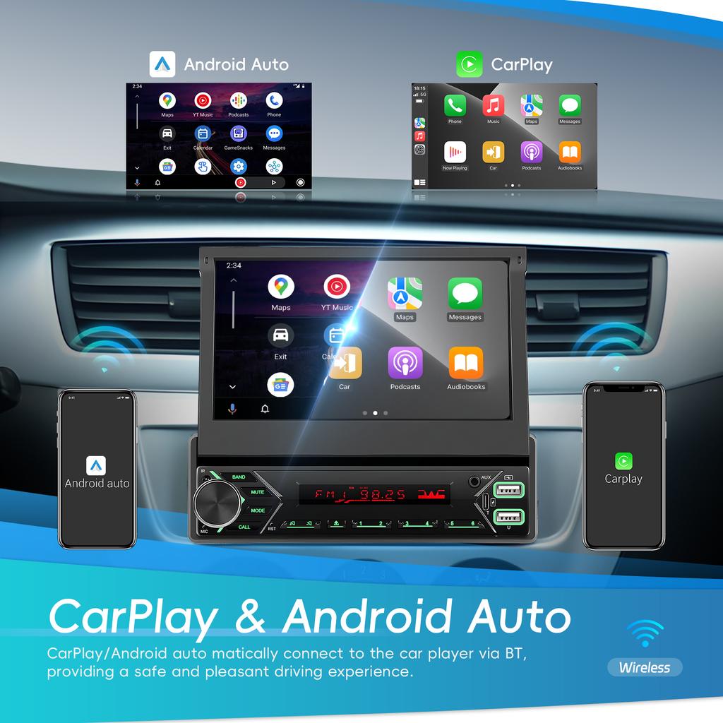 Podofo DAB+ 1Din 7'' MP5 Player Automatic/Manual Retractable Screen Multimedia Player Carplay Android Auto Type-C Car Stereo