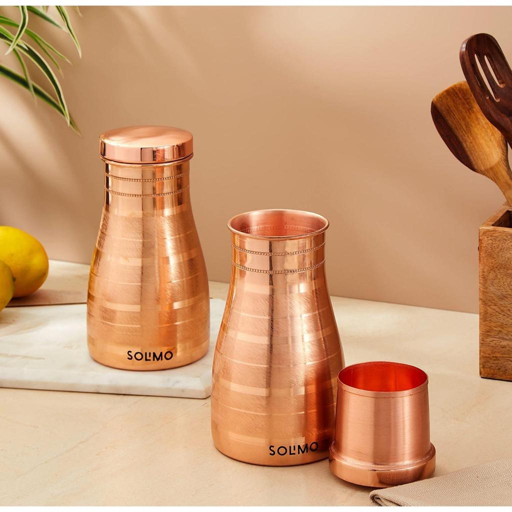 Copper Water Pot | Bedside Carafe with Glass Lining | 950 Ml (Set of 2)