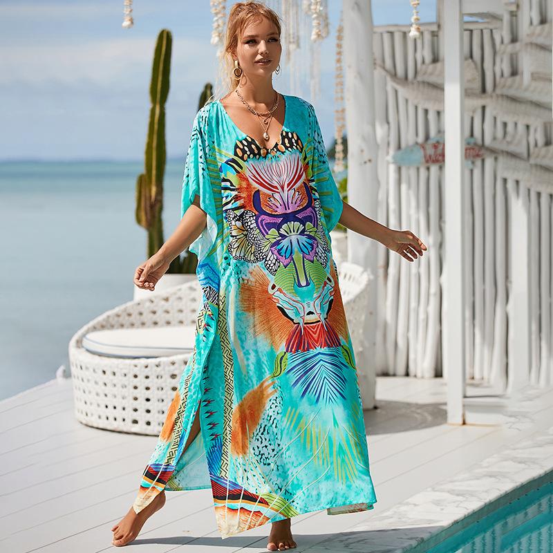 Plus Size Boho Cover Up, Women's Plus Painting Print Bat Sleeve V Neck Split Hem Maxi Cover Up Dress