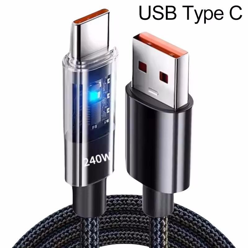 240W Nylon Cable USB Type C Super Fast Charging Cable For Samsung Huawei Honor LED Digital Display Fast Charger Data Cord