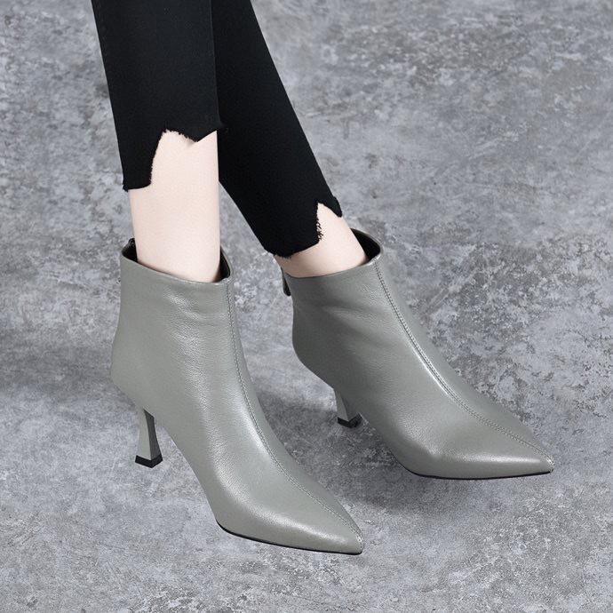 Женские ботильоны на шпильке с острым носком, модные короткие ботинки, осенние новые ботинки с открытой щиколоткой, из коровьей кожи первого слоя, с задней молнией, женские кожаные ботинки