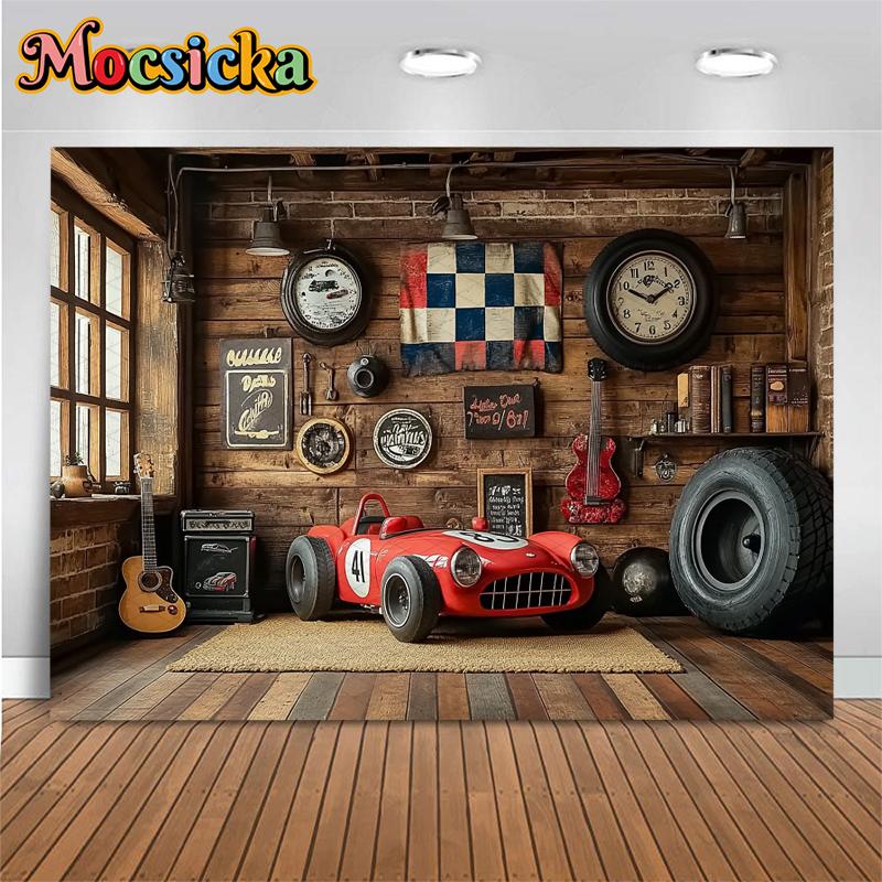 Mocsicka-Фон для фото гоночного автомобиля, вечеринка по случаю дня рождения, шиномонтаж, декорации для деревянного дома, фотофон, студийный баннер.