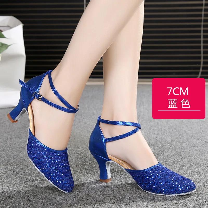 Модные туфли для современных танцев для женщин, туфли для латиноамериканских танцев с верхом из сетки с блестками, подошвой из мягкой замши и высокими каблуками, черные туфли