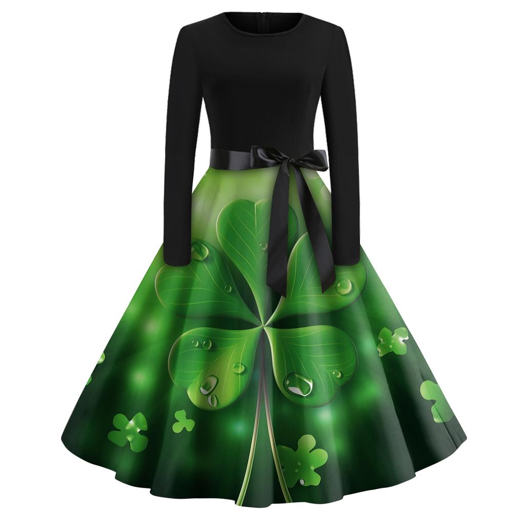 Women's Fashion Round Neck Casual Slim St Patrick's Day Printed Long Sleeve Dresses