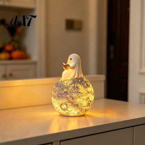 Fall Seasonal Decoration Cute Ghost Reading Book Ornament, Luminous Resin Figurine, Glowing Moon Night Light for Halloween Home Desktop Car Dashboard