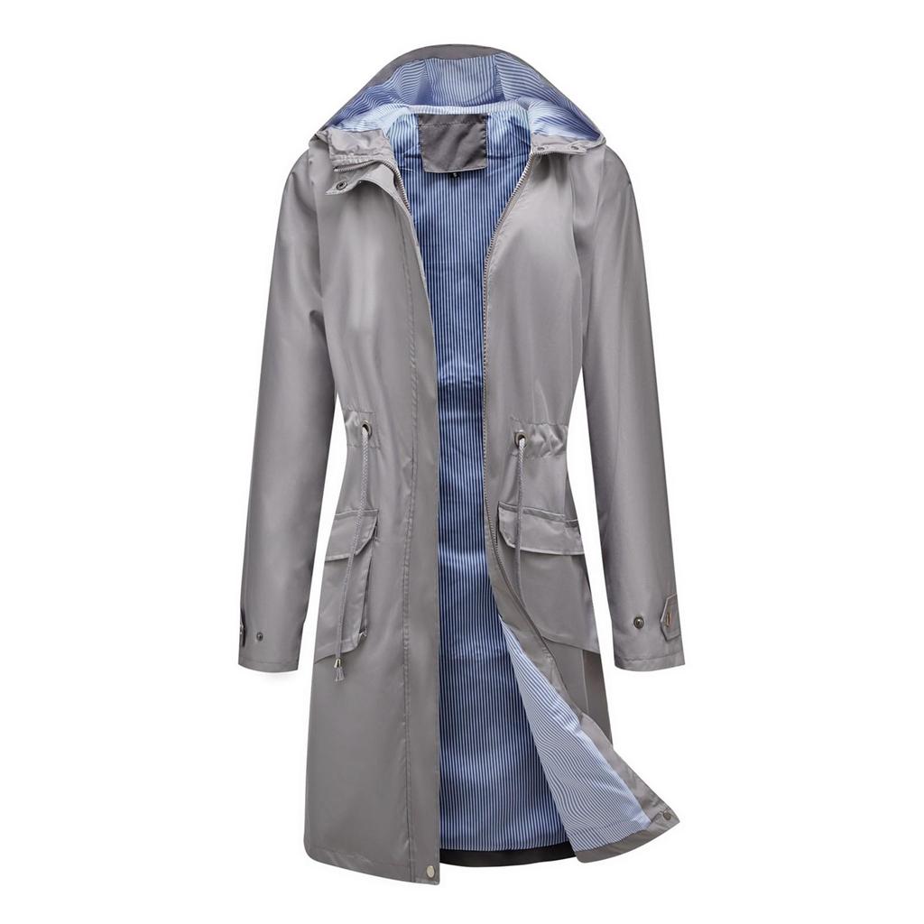 Women's Solid Colored Hooded Long Sleeved Trench Coat With Striped And Straight Tube Jacket
