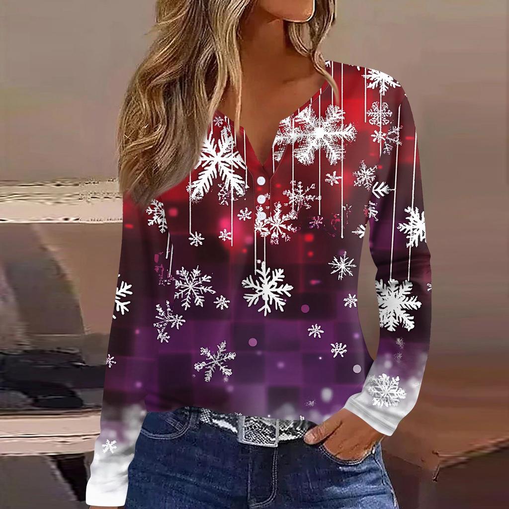 Женская футболка с рождественским принтом на пуговицах с длинным рукавом, повседневная, выходного дня, модная, базовая, с V-образным вырезом, обычная