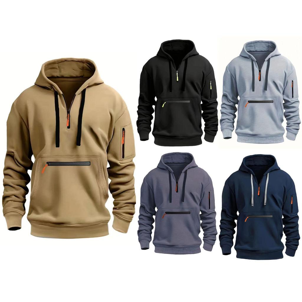 Men's Fleece-Lined Hooded Sweatshirt with Zipper and Multi-Pocket Design for Autumn/Winter Casual Sports Fashion