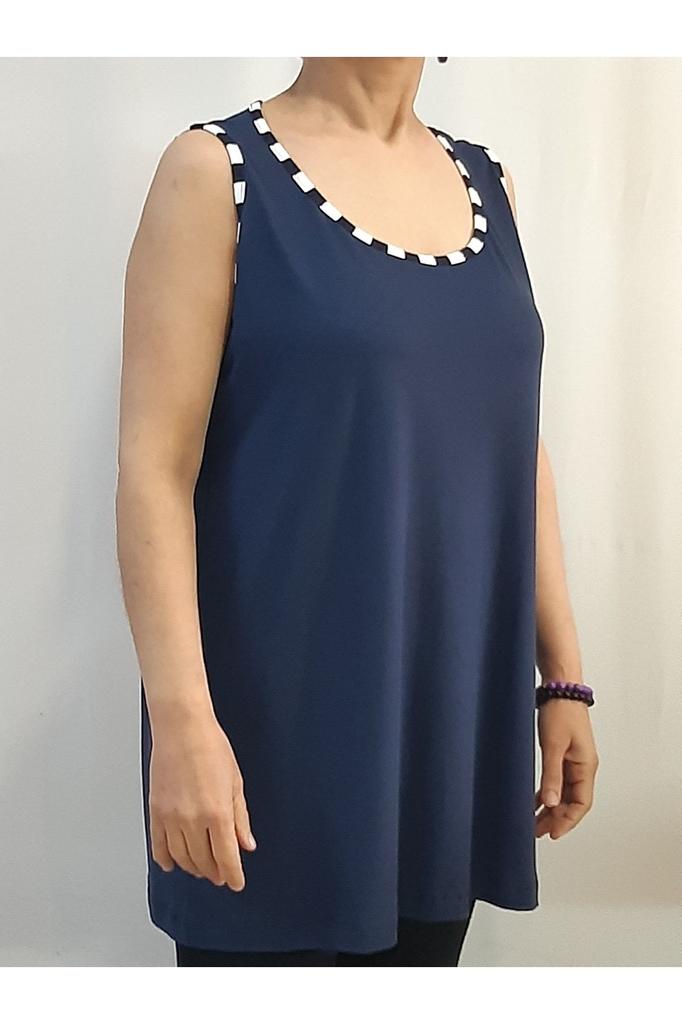 Women's Style Big Size T-Shirt Navy Blue Combed Cotton Viscose T-Shirt With Piping Detail