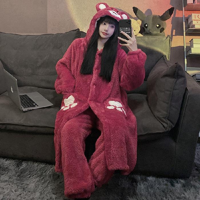 Strawberry Bear Coral Fleece Pajamas - Women's Winter Thick Velvet Flannel Nightgown