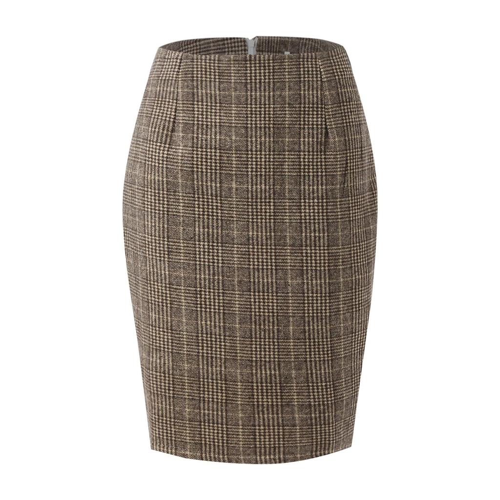 High-Waisted Women's Plaid Pencil Skirt - Knee-Length Wool Skirt for Autumn and Winter