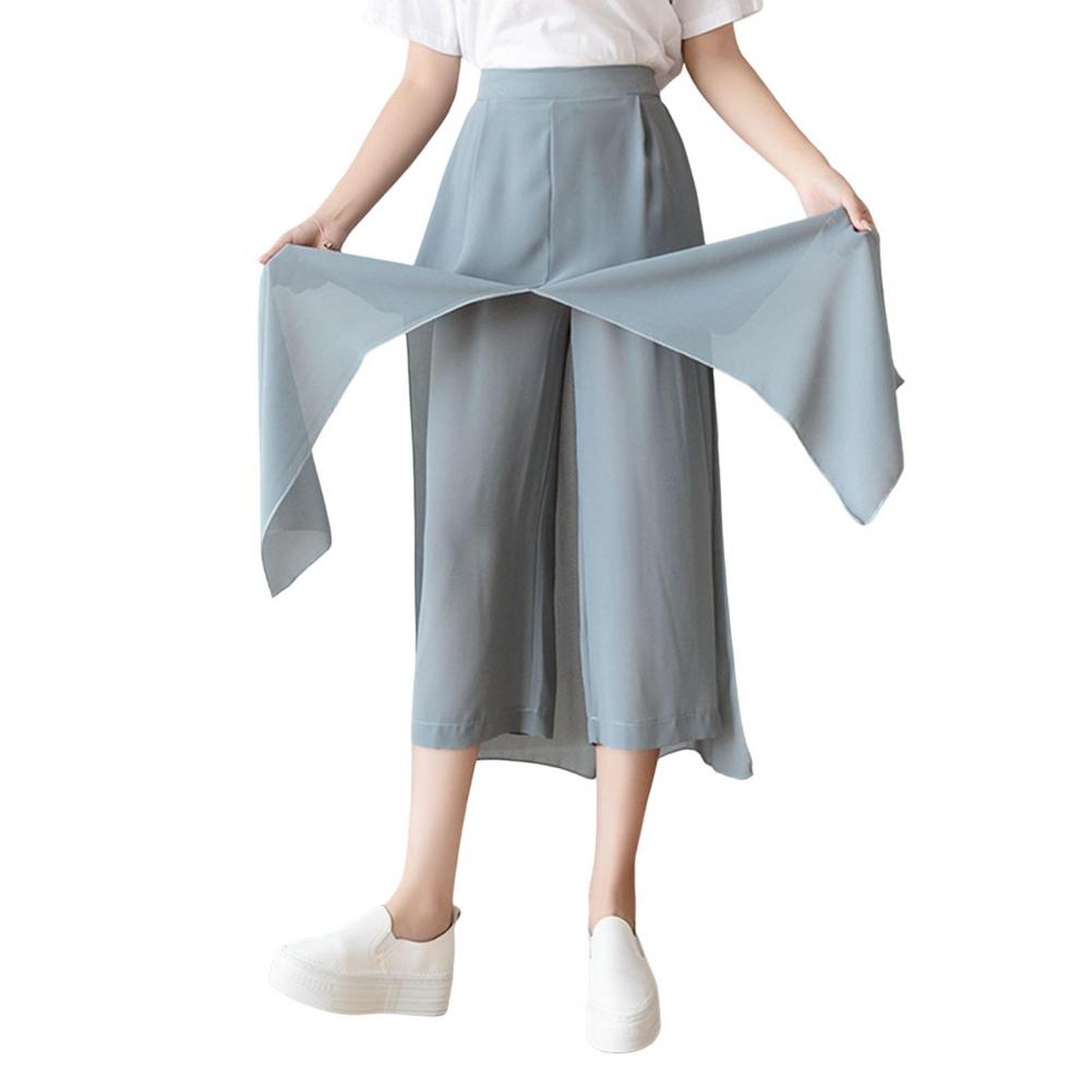 Женская юбка, брюки, эластичные широкие брюки-кюлоты с высокой талией, сплошной цвет, искусственные двойные шифоновые длинные брюки, повседневная одежда