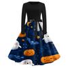 Women's Casual Long Sleeve Round Neck Vintage Halloween Print Midi Dress with Waist Tie Belt Retro Style