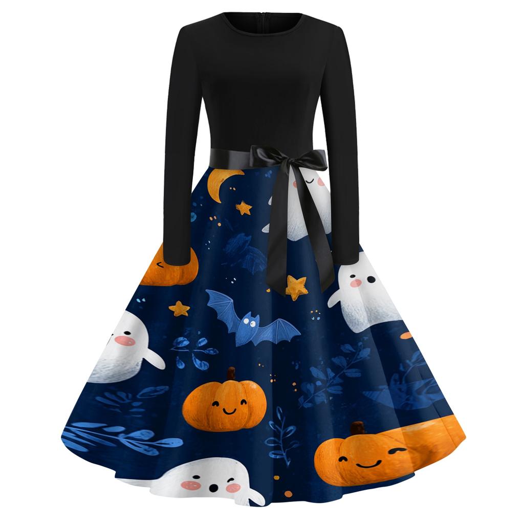 Women's Casual Long Sleeve Round Neck Vintage Halloween Print Midi Dress with Waist Tie Belt Retro Style