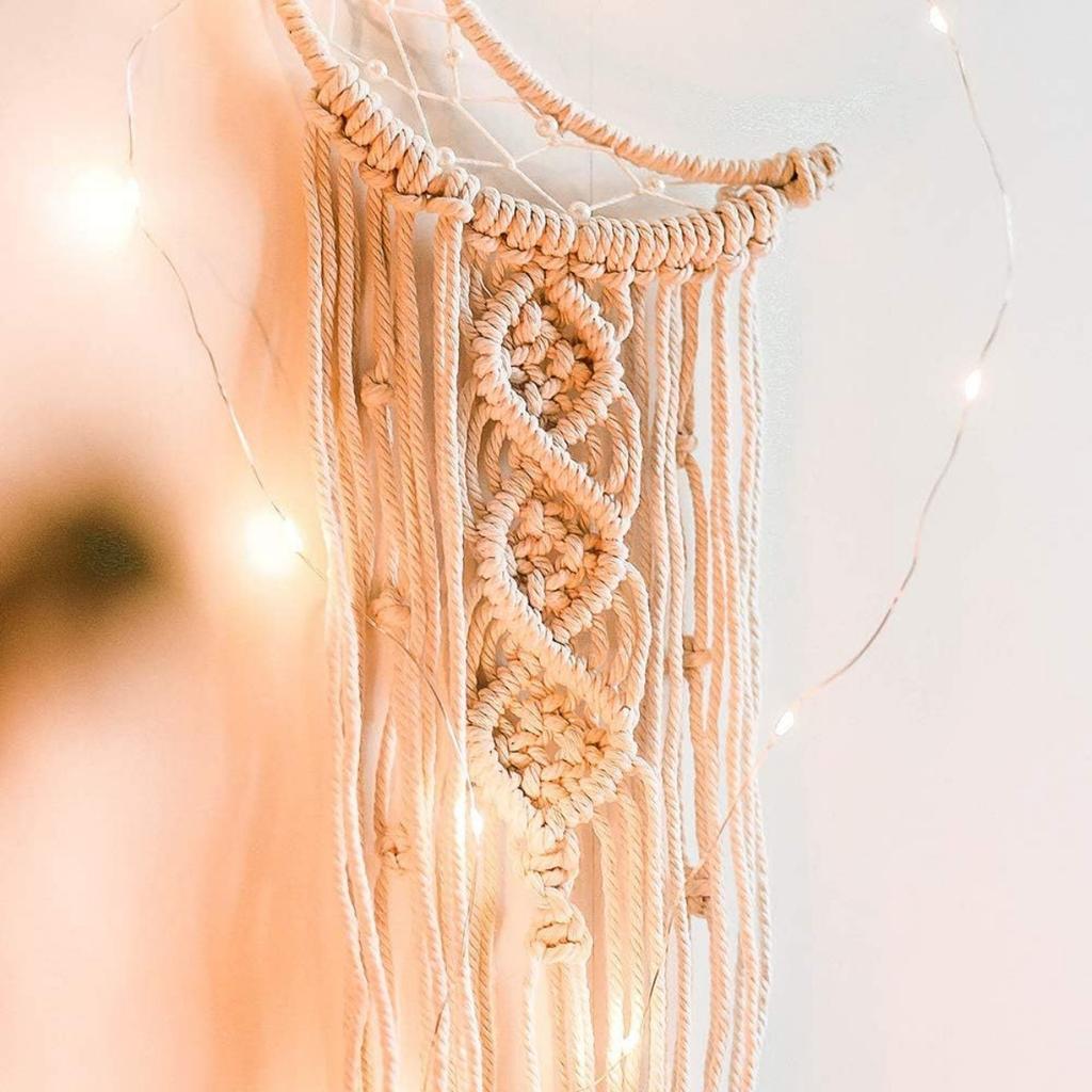 Chic Bohemian Macrame Woven Wall Hanging Moon Dream Catcher Boho Home Decor Wall Art Decor Room Decor(String Lights NOT Included)