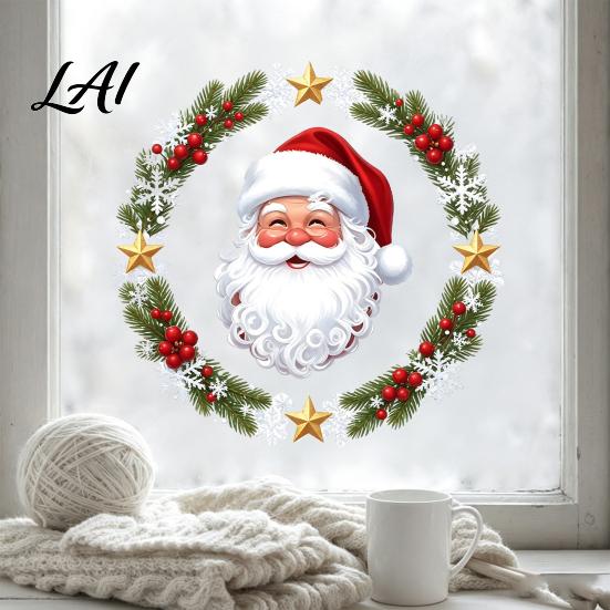 Waterproof PVC Ornaments Christmas Window Clings Cute Santa Claus Wreath Sticker Cartoon Holiday Glass Decals Static Decal for Office Shop