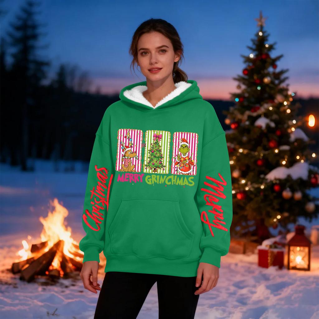 Женская повседневная модная толстовка с капюшоном большого размера, утепленная флисом, с рождественским принтом